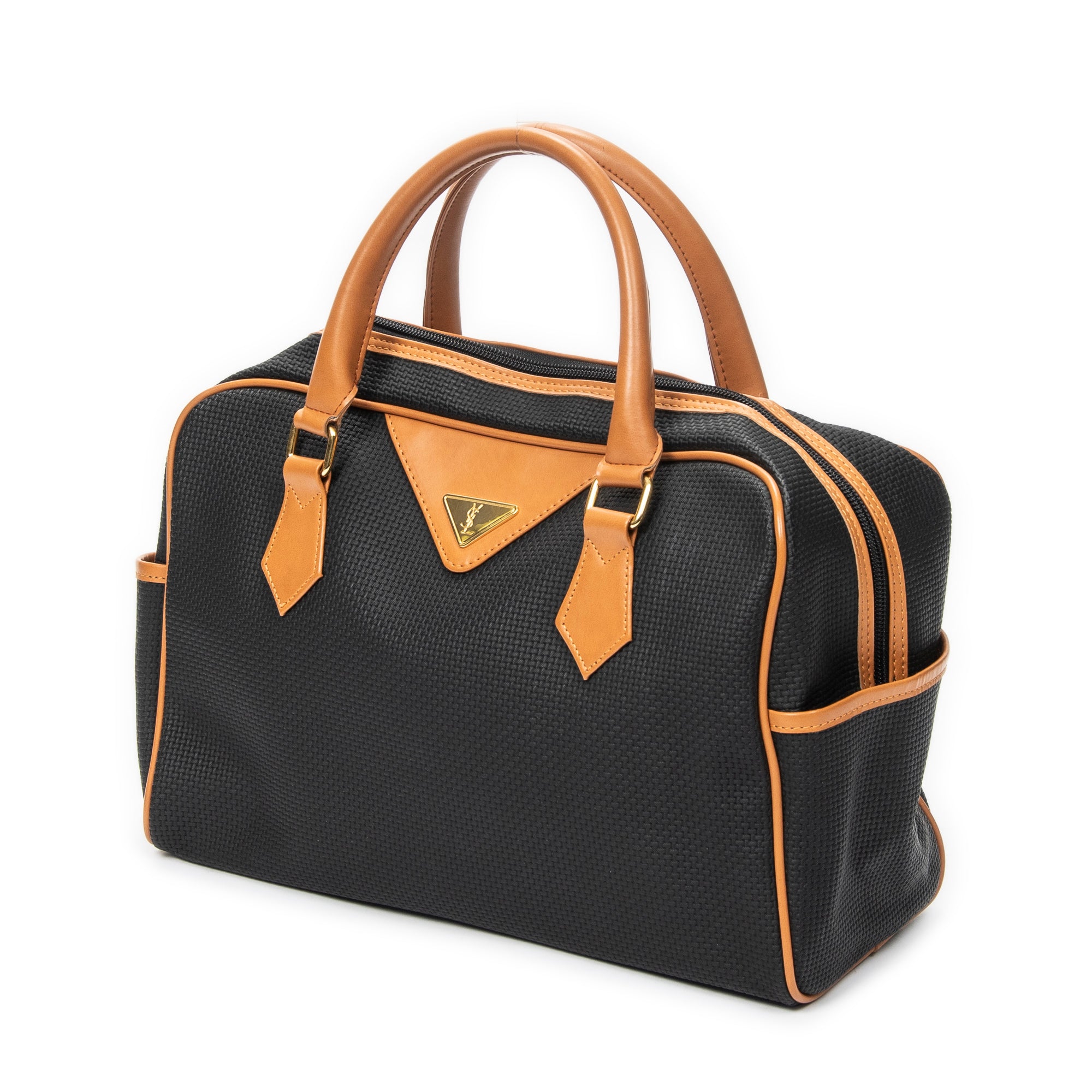 Handbag Vintage Side Pocket Boston Black Woven Coated Canvas