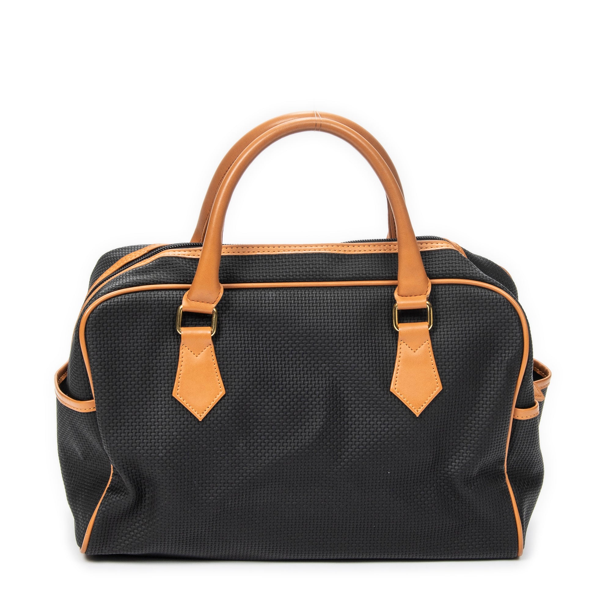 Handbag Vintage Side Pocket Boston Black Woven Coated Canvas