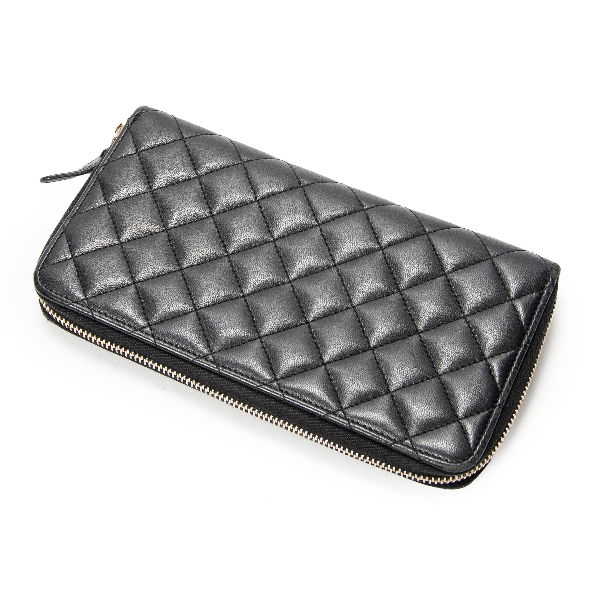Wallet CC Zip Around Wallet Black Quilted Lambskin Leather