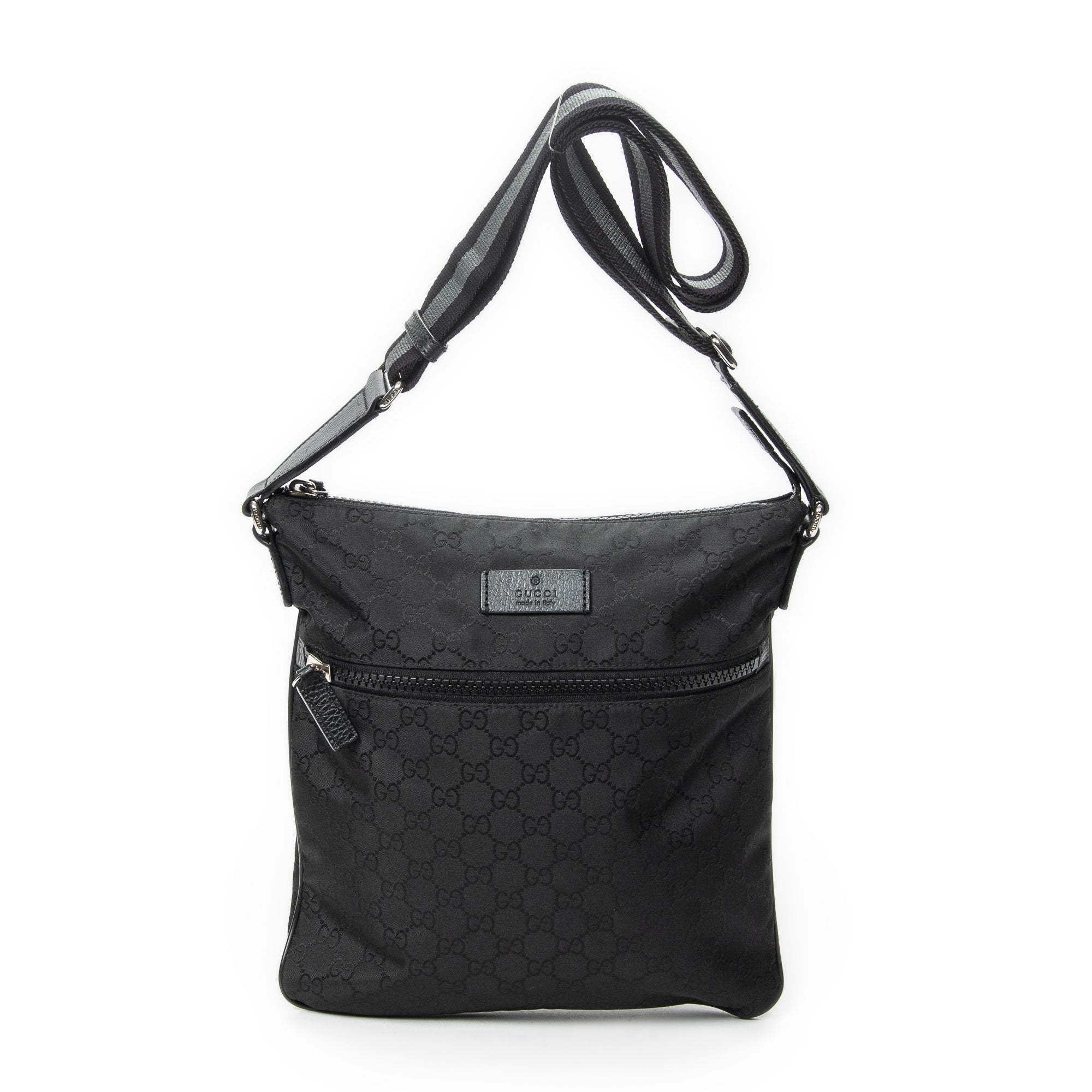 Bolso de Hombro Pequeño Web Flat Messenger Lona de Nailon Monogramada Negra