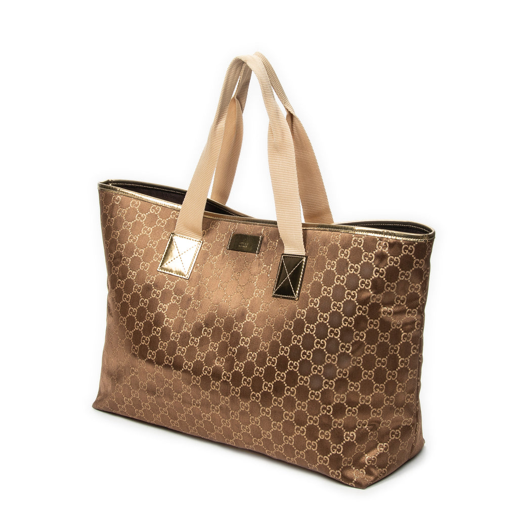 Sac à bandoulière Grand cabas horizontal Web en toile de satin monogrammée bronze