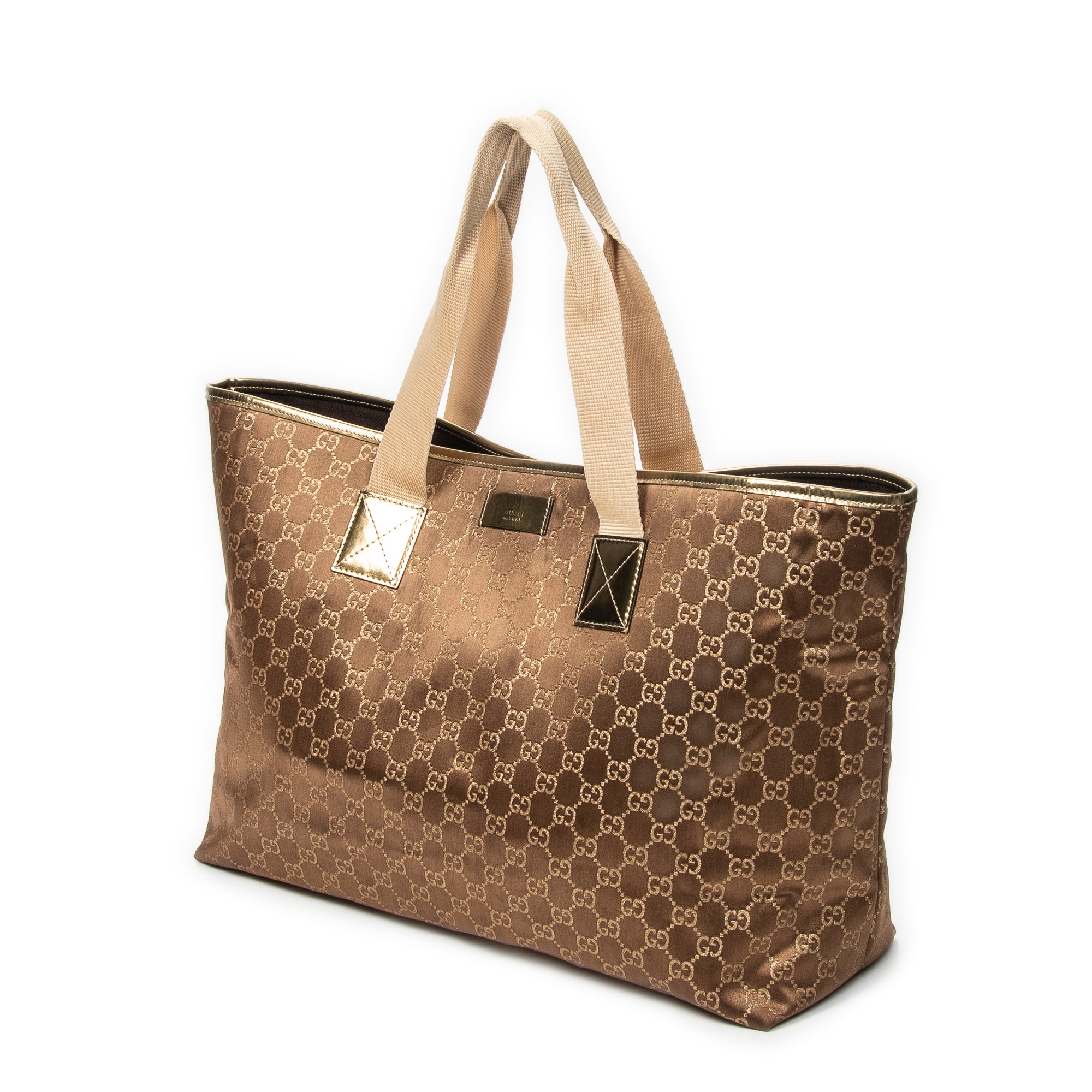 Bolso de hombro grande horizontal de lona de satén con monograma en bronce