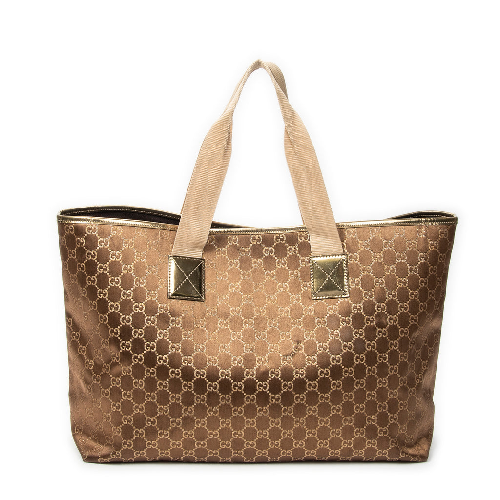 Sac à bandoulière Grand cabas horizontal Web en toile de satin monogrammée bronze