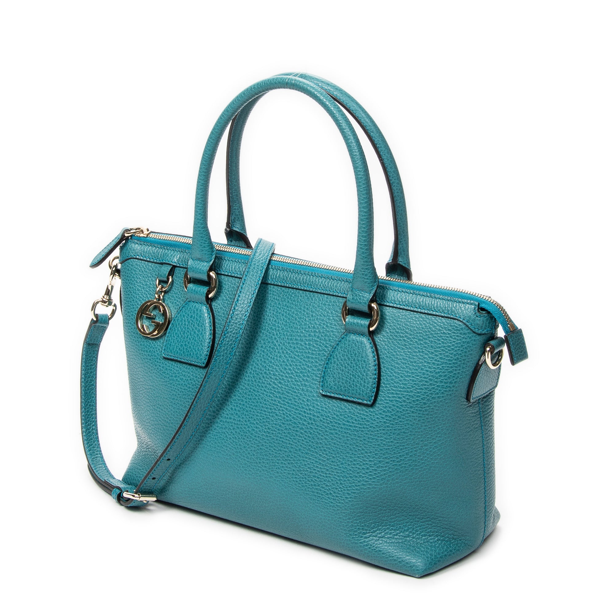 Shoulder Bag Convertible Zip Tote Teal Grained Calfskin Leather