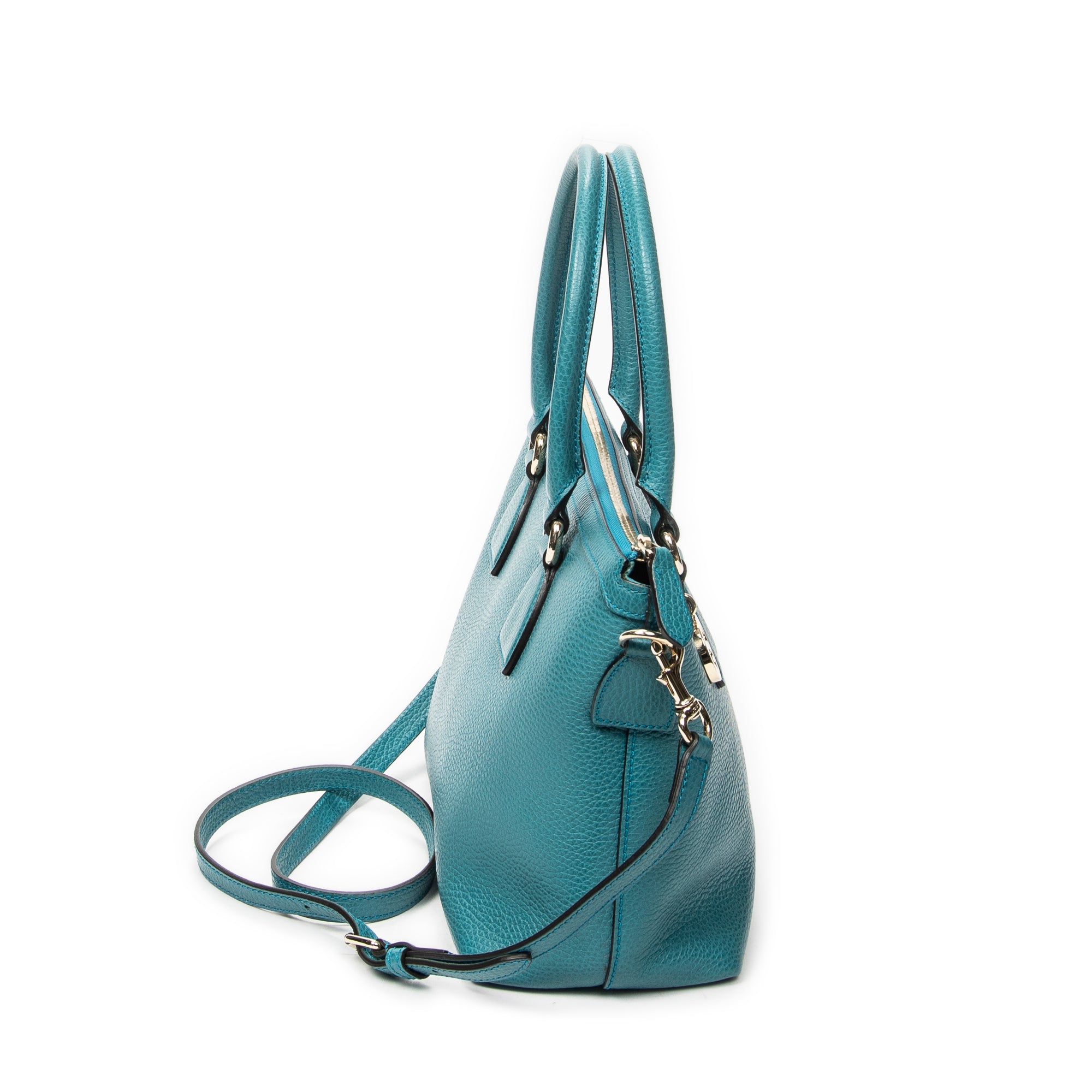 Bolso de Hombro Convertible Tote con Cremallera Piel de Becerro Granulada Verde Azulado