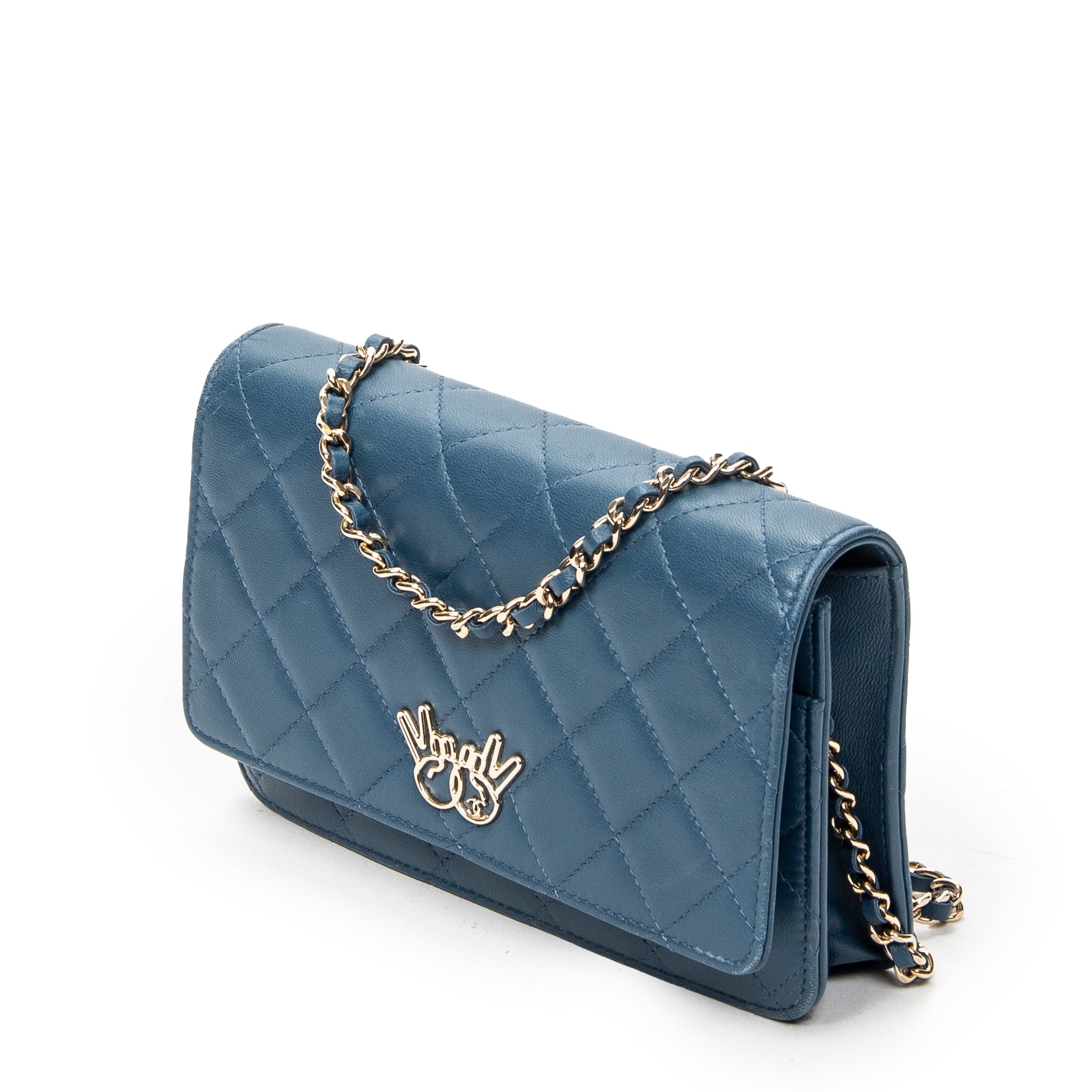 Shoulder Bag Emoticon Wallet on Chain Blue Quilted Lambskin Leather