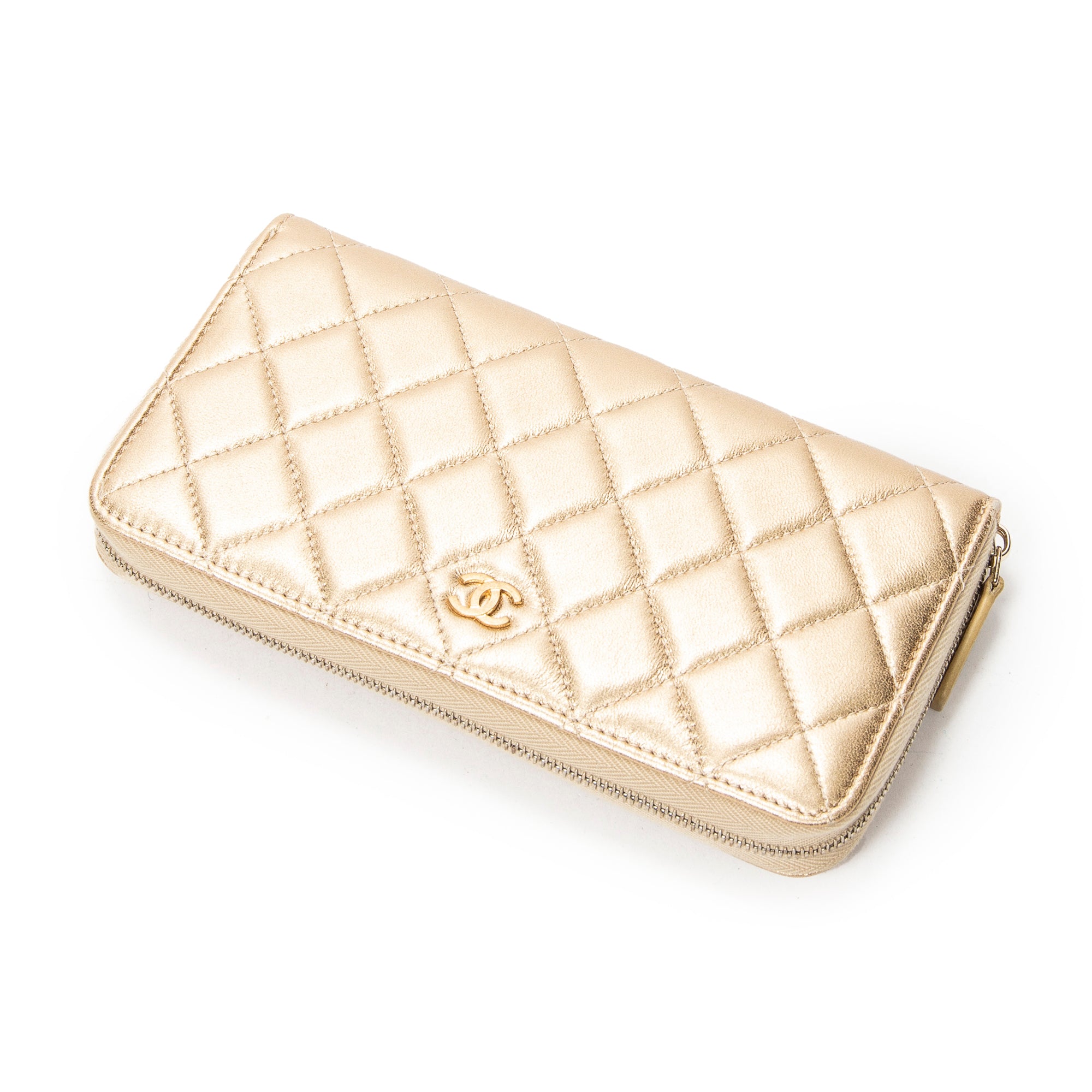 Wallet L-Gusset Zip Wallet Metallic Gold Quilted Lambskin Leather