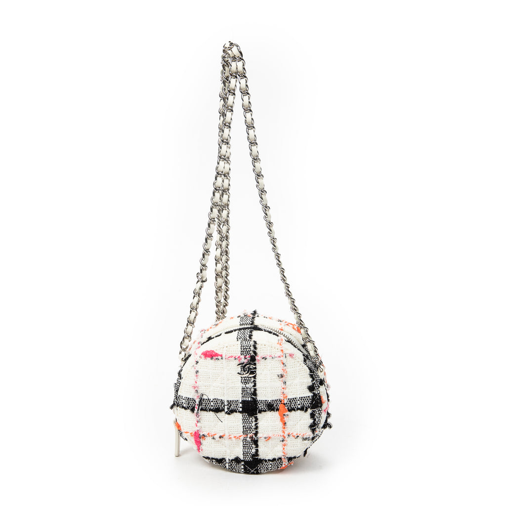 Shoulder Bag Mini CC Round Chain Crossbody White Quilted Tweed Canvas