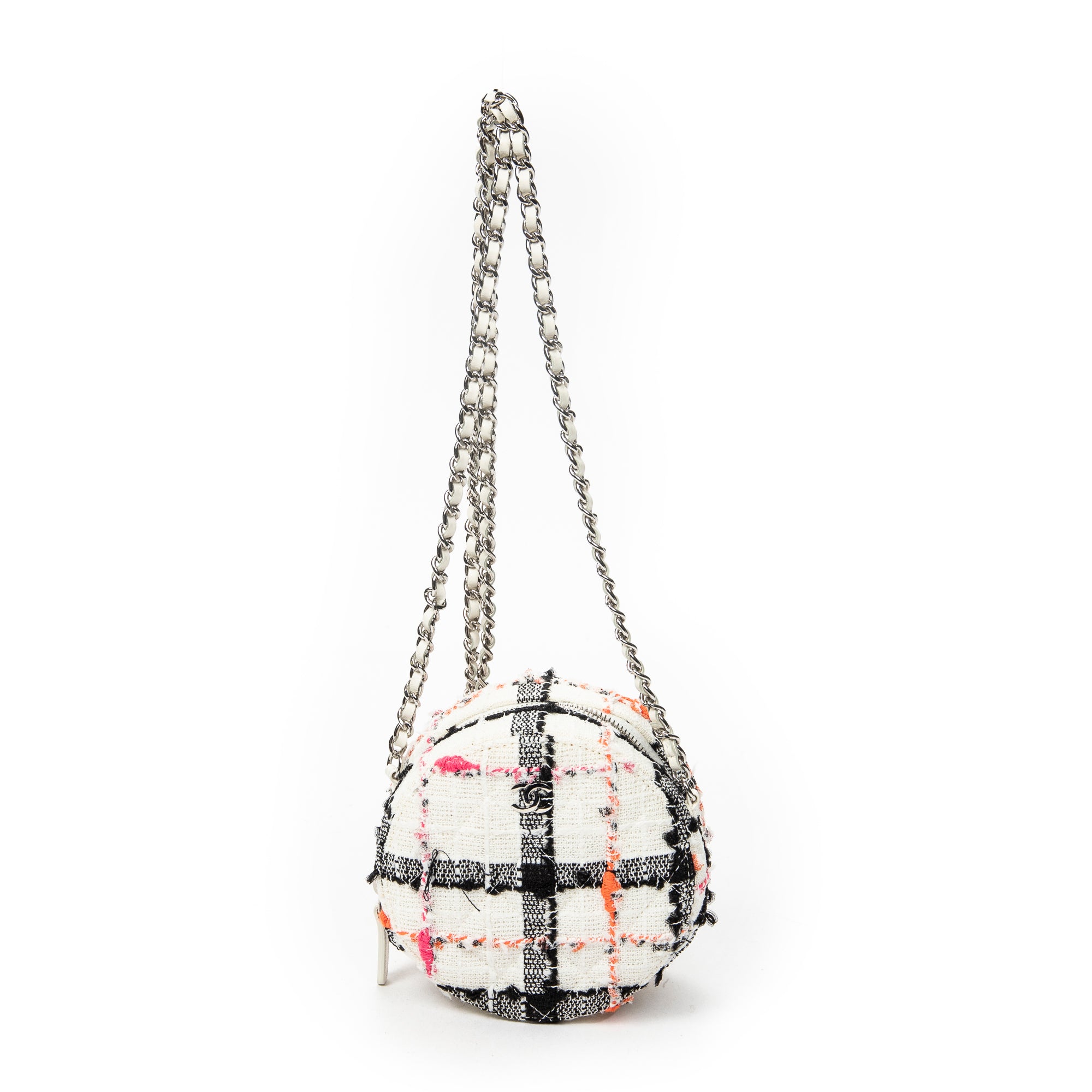 Shoulder Bag Mini CC Round Chain Crossbody White Quilted Tweed Canvas