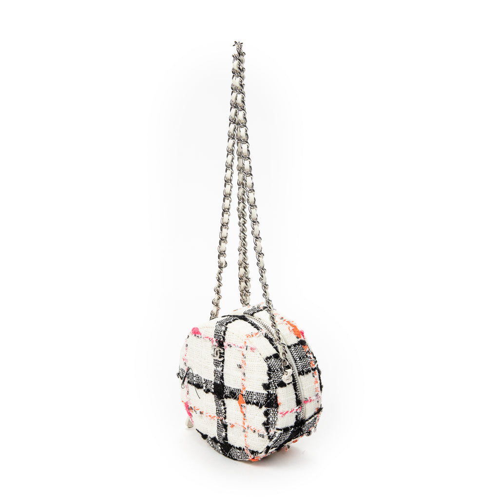 Shoulder Bag Mini CC Round Chain Crossbody White Quilted Tweed Canvas