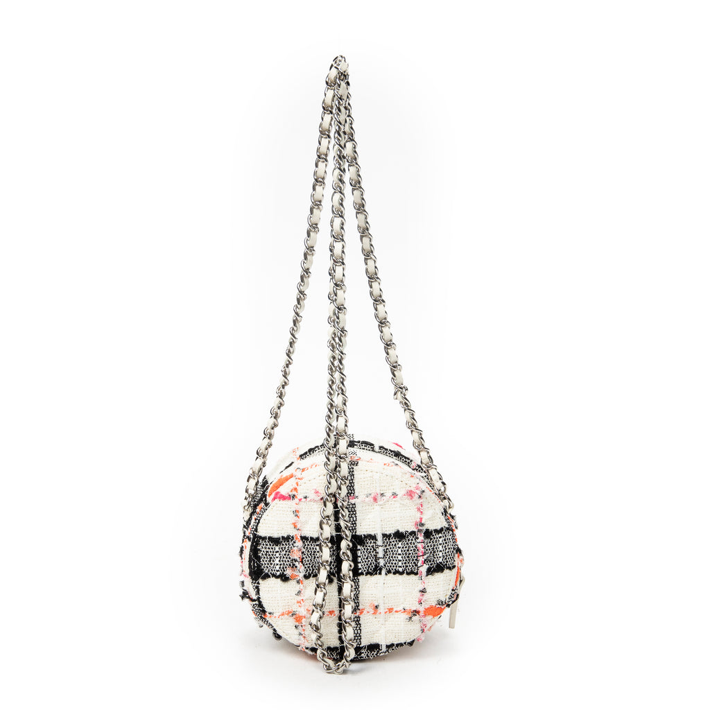 Shoulder Bag Mini CC Round Chain Crossbody White Quilted Tweed Canvas