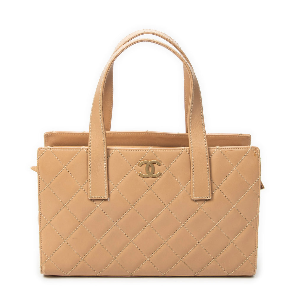 Shoulder Bag CC Wild Stitch Boston Tote Beige Quilted Lambskin Leather