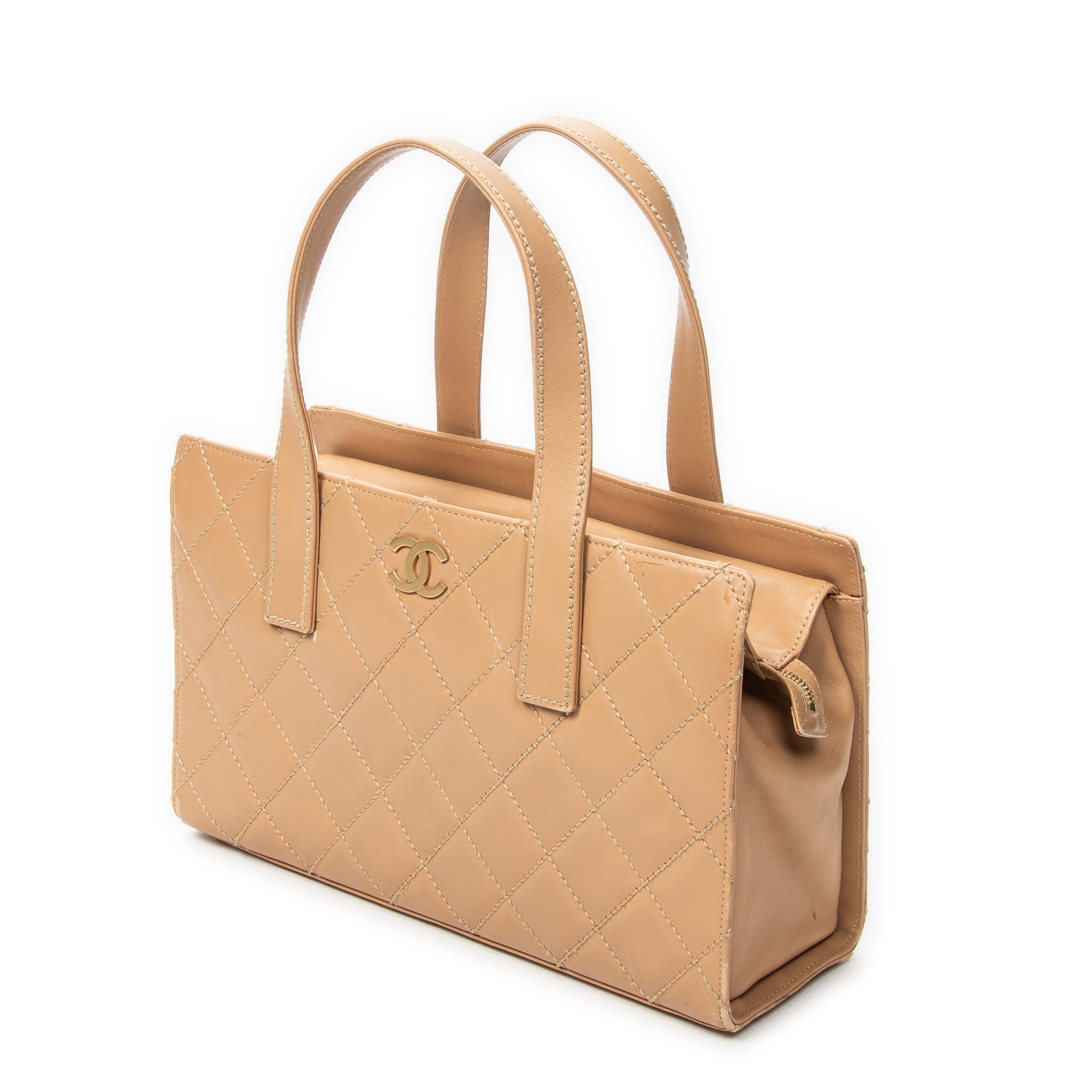 Shoulder Bag CC Wild Stitch Boston Tote Beige Quilted Lambskin Leather