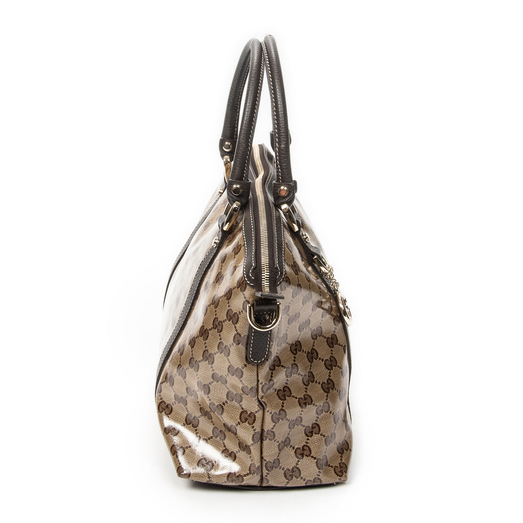 Shoulder Bag Medium GG Charm Top Handle Beige Crystal Coated Canvas