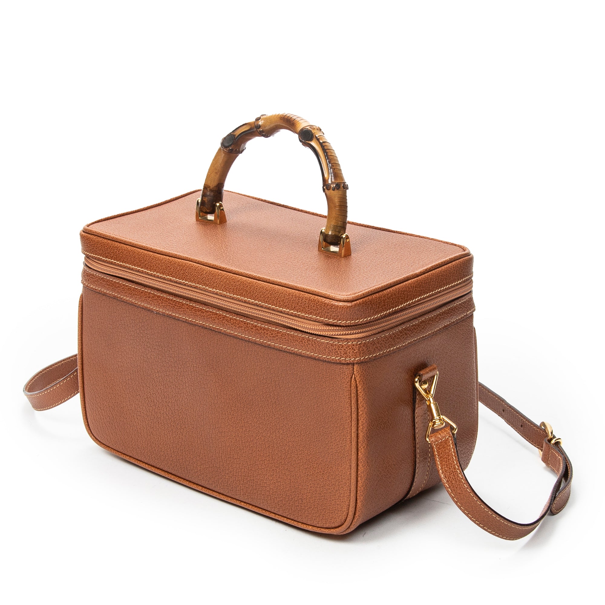 Shoulder Bag Large Bamboo Vanity Case Brown Grained Calfskin Leather