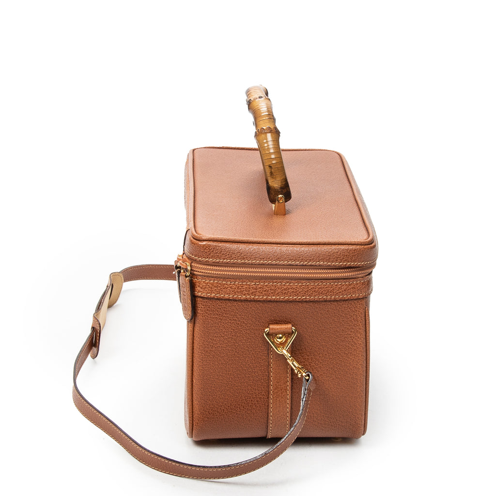 Shoulder Bag Large Bamboo Vanity Case Brown Grained Calfskin Leather
