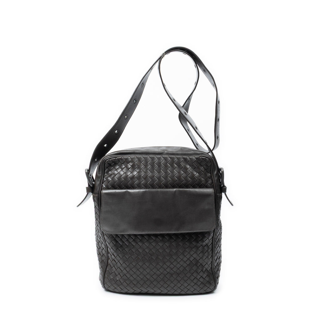 Shoulder Bag Front Pocket Messenger Dark Brown Trimmed Intrecciato Leather