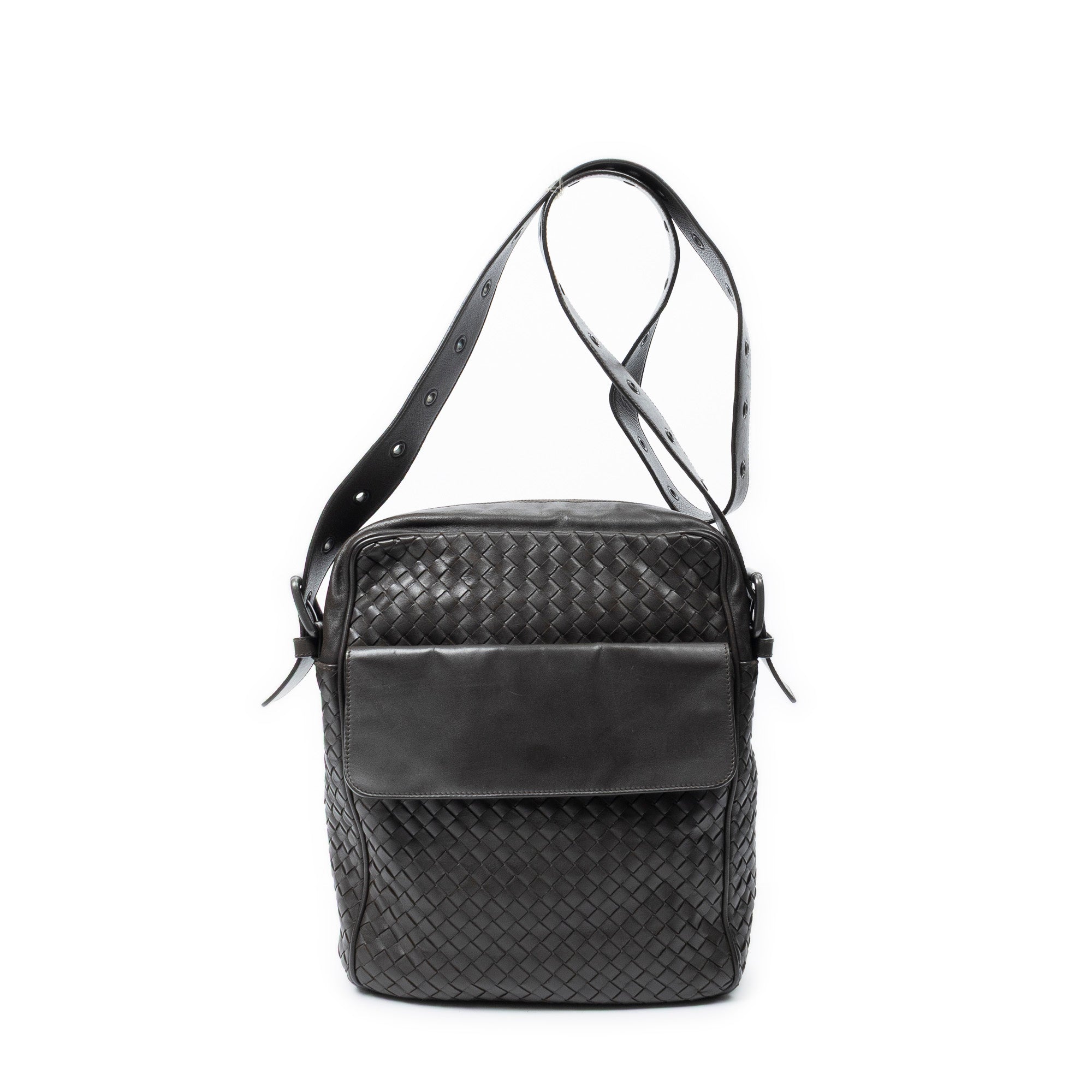 Shoulder Bag Front Pocket Messenger Dark Brown Trimmed Intrecciato Leather