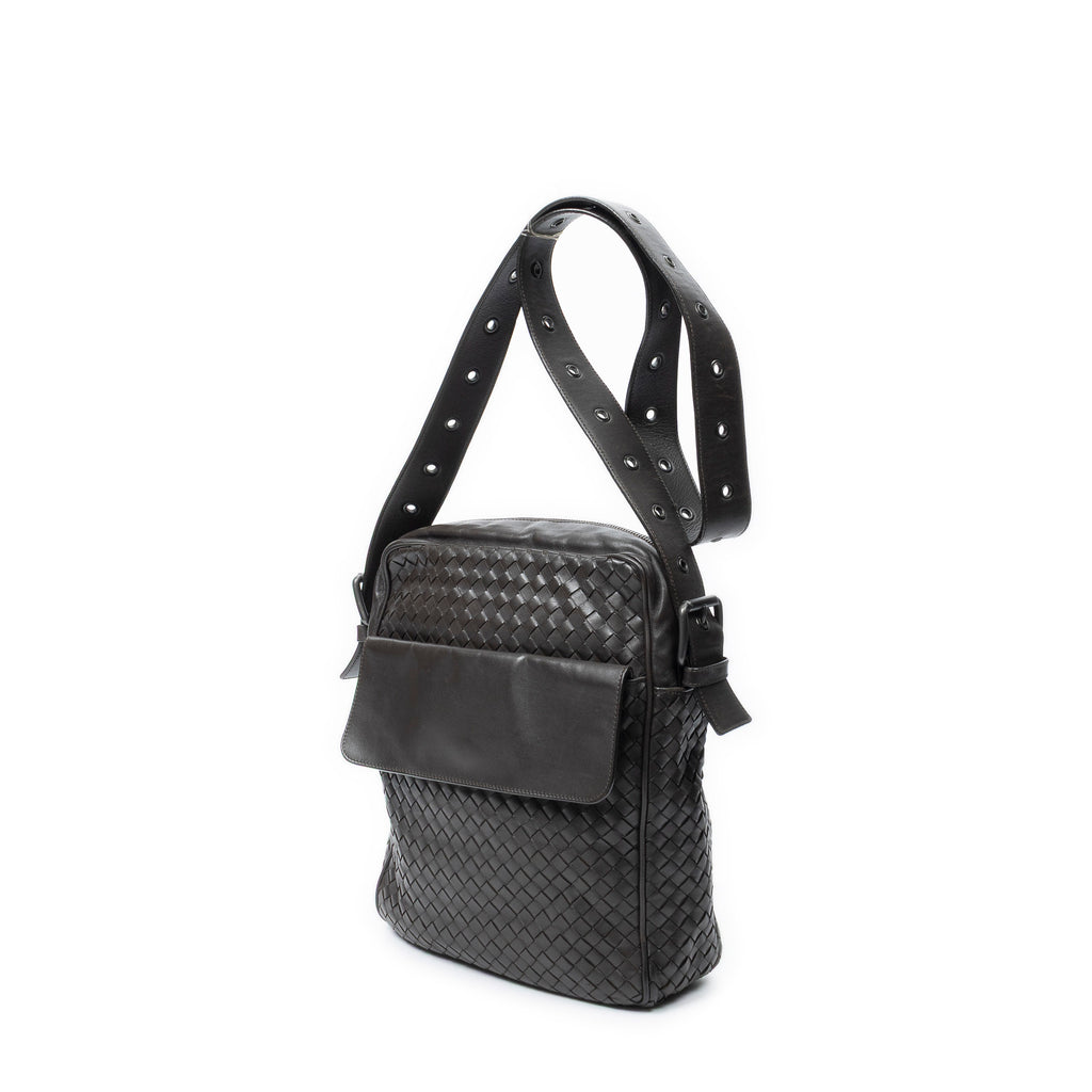 Shoulder Bag Front Pocket Messenger Dark Brown Trimmed Intrecciato Leather
