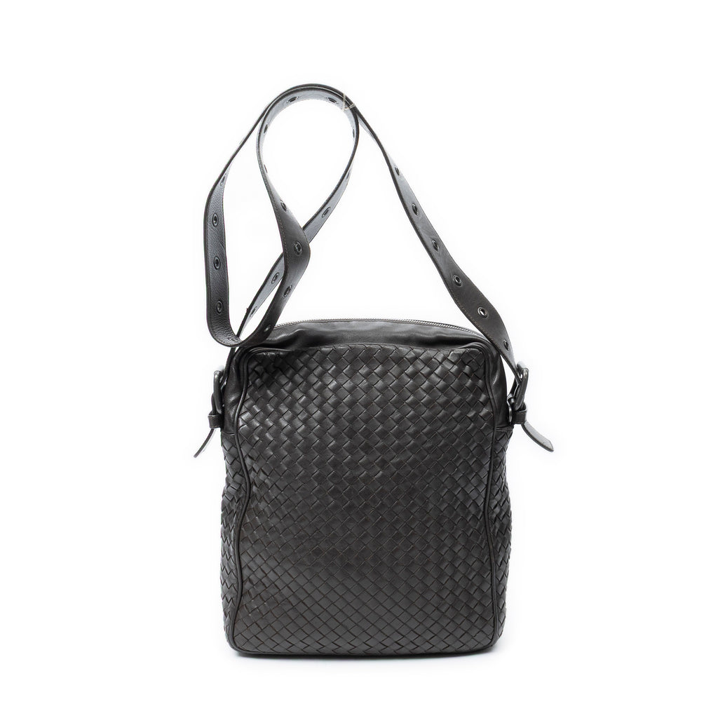 Shoulder Bag Front Pocket Messenger Dark Brown Trimmed Intrecciato Leather