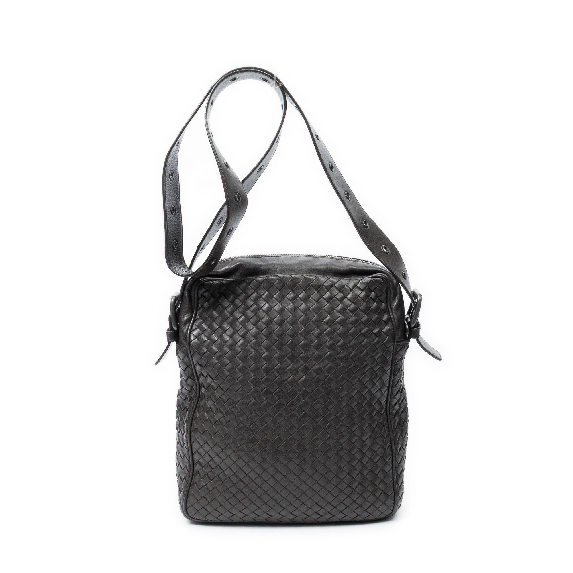 Shoulder Bag Front Pocket Messenger Dark Brown Trimmed Intrecciato Leather