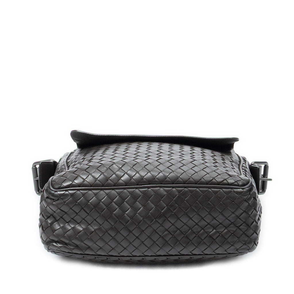 Shoulder Bag Front Pocket Messenger Dark Brown Trimmed Intrecciato Leather