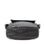 Shoulder Bag Front Pocket Messenger Dark Brown Trimmed Intrecciato Leather