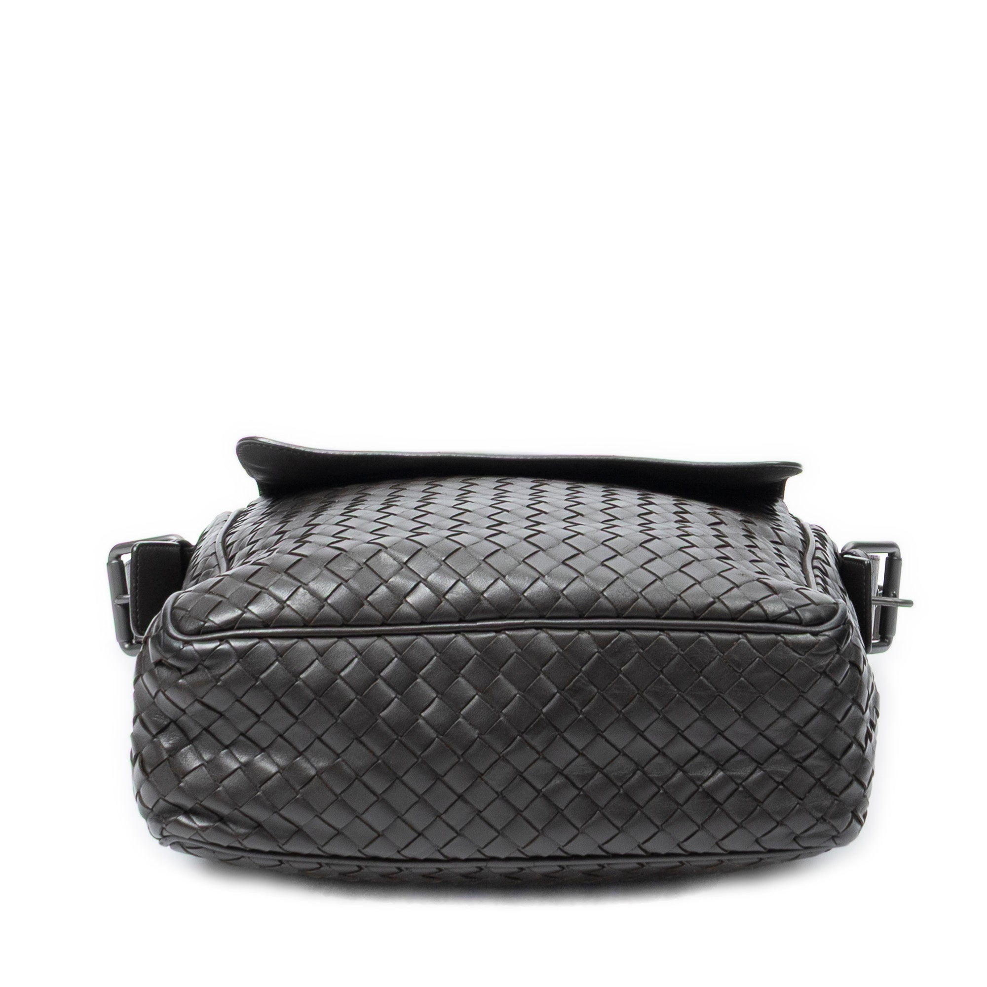 Shoulder Bag Front Pocket Messenger Dark Brown Trimmed Intrecciato Leather
