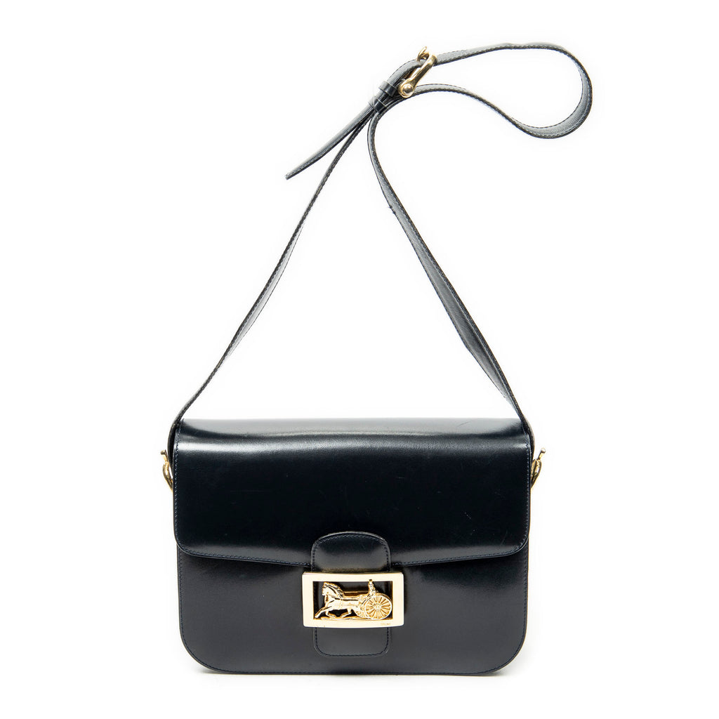 Shoulder Bag Vintage Medium Carriage Flap Navy Calfskin Leather