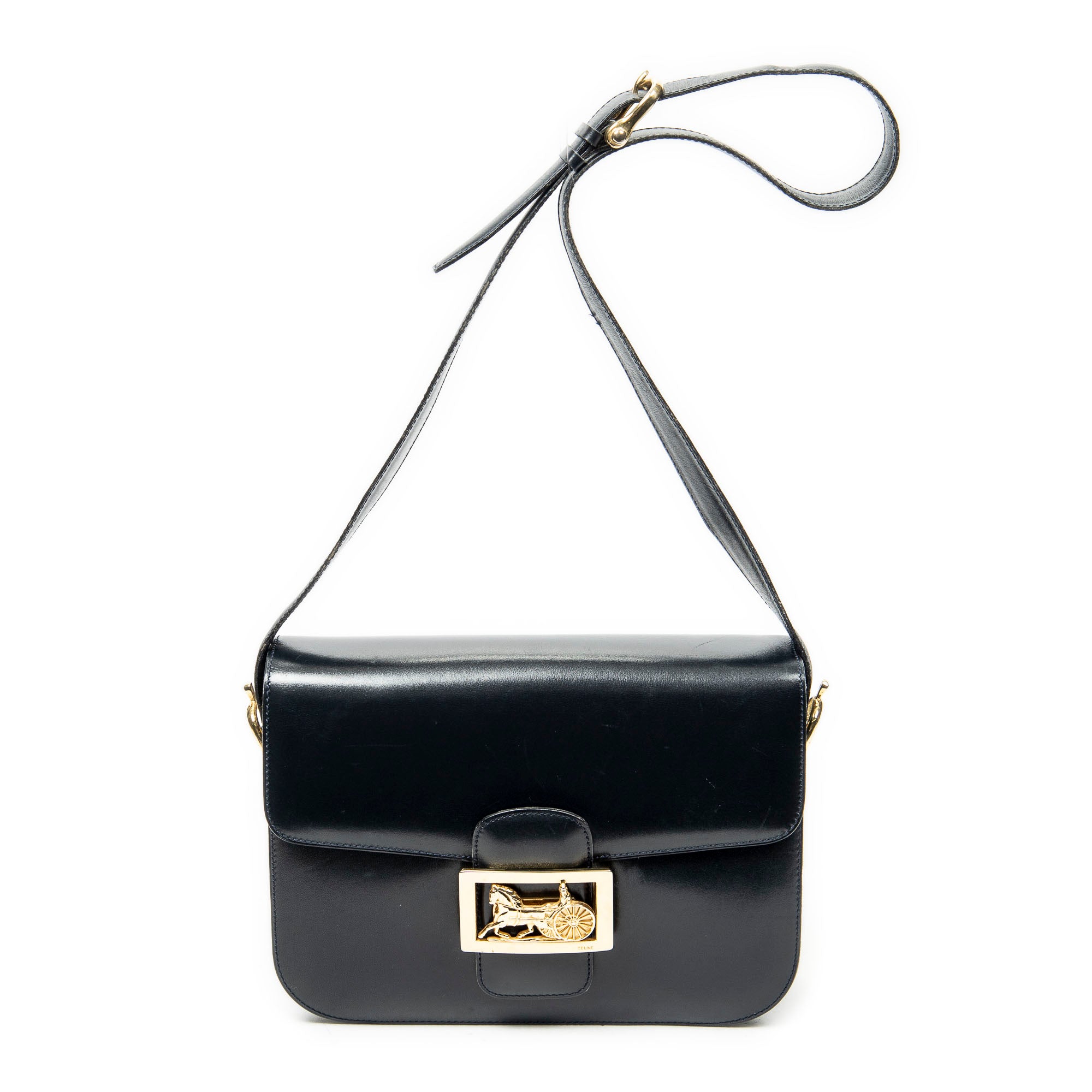 Shoulder Bag Vintage Medium Carriage Flap Navy Calfskin Leather