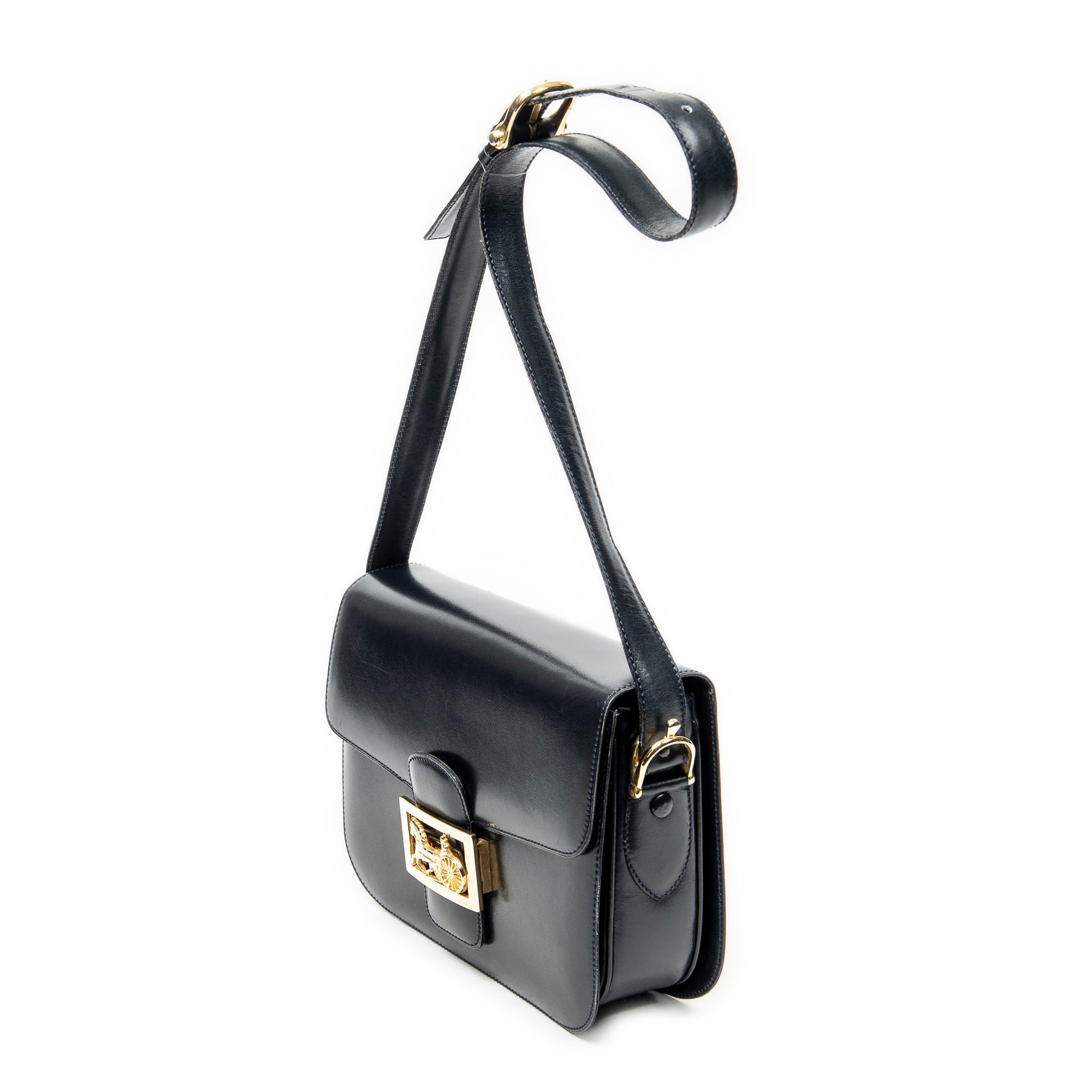 Shoulder Bag Vintage Medium Carriage Flap Navy Calfskin Leather