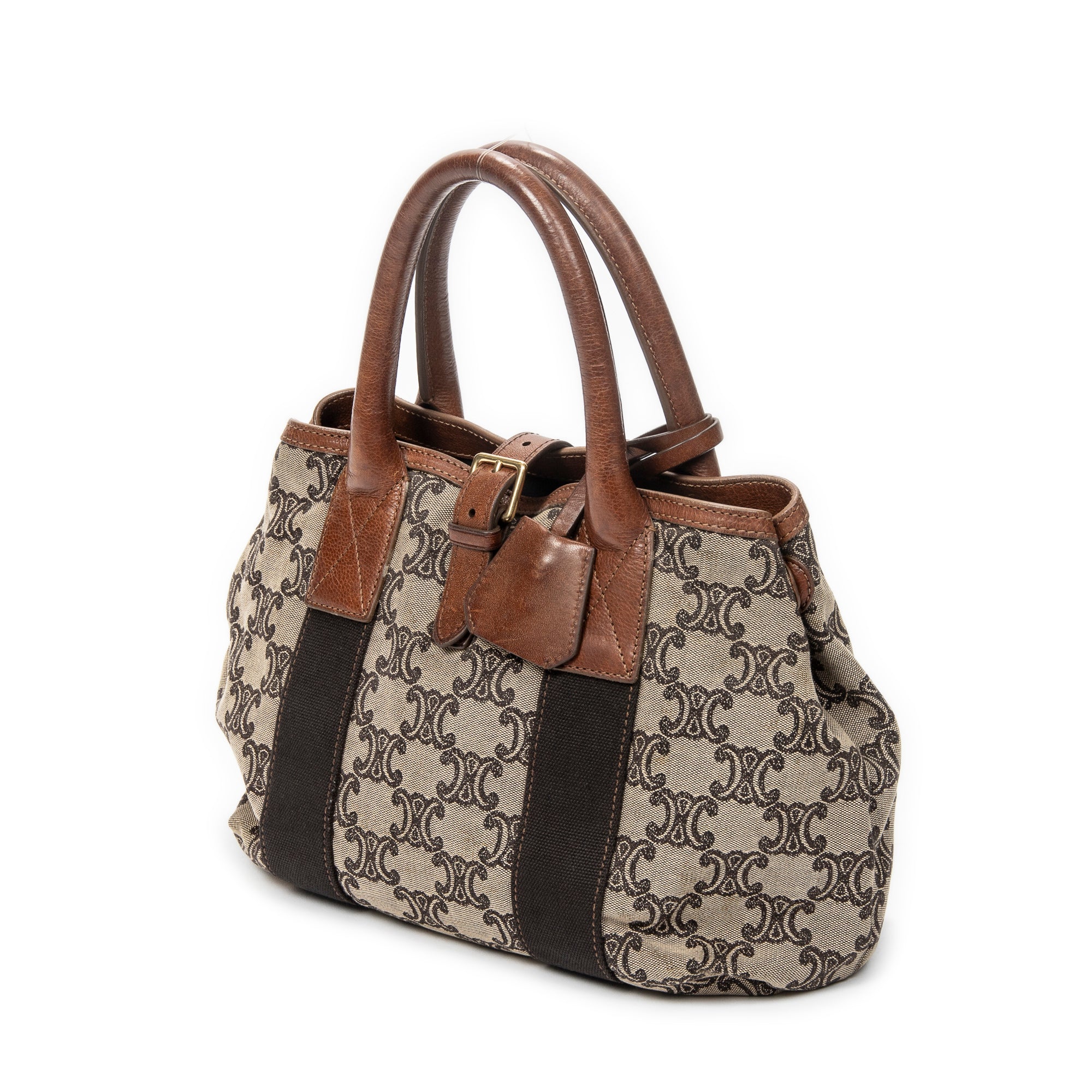 Handbag Buckle Top Handle Tote Brown Macadam Canvas