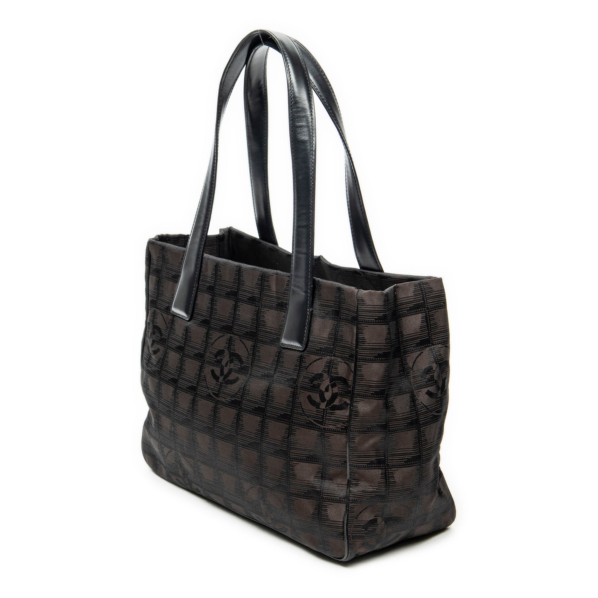 Shoulder Bag New Travel Line Small Shopping Tote Dark Brown New Travel Line Print Nylon Canvas