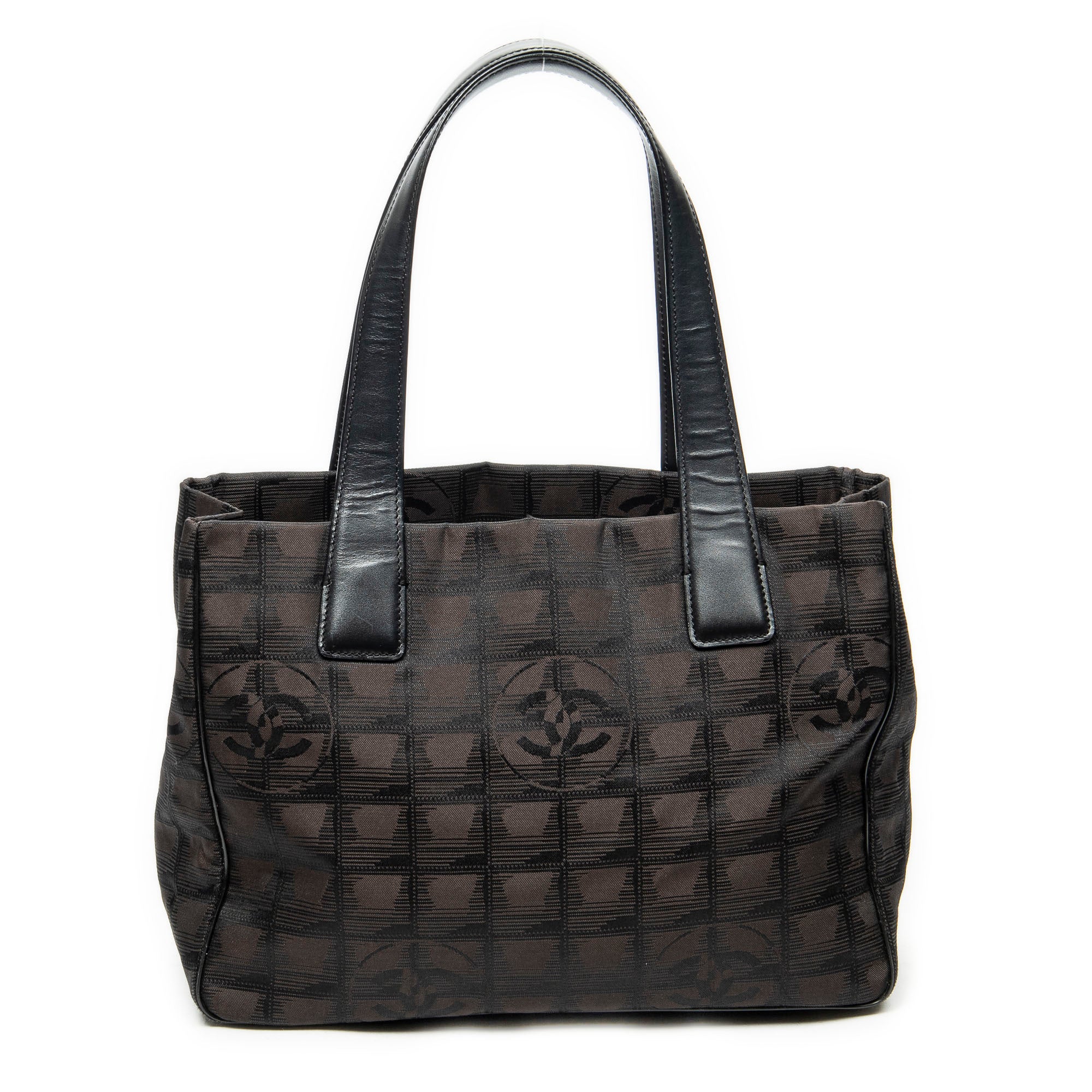 Shoulder Bag New Travel Line Small Shopping Tote Dark Brown New Travel Line Print Nylon Canvas