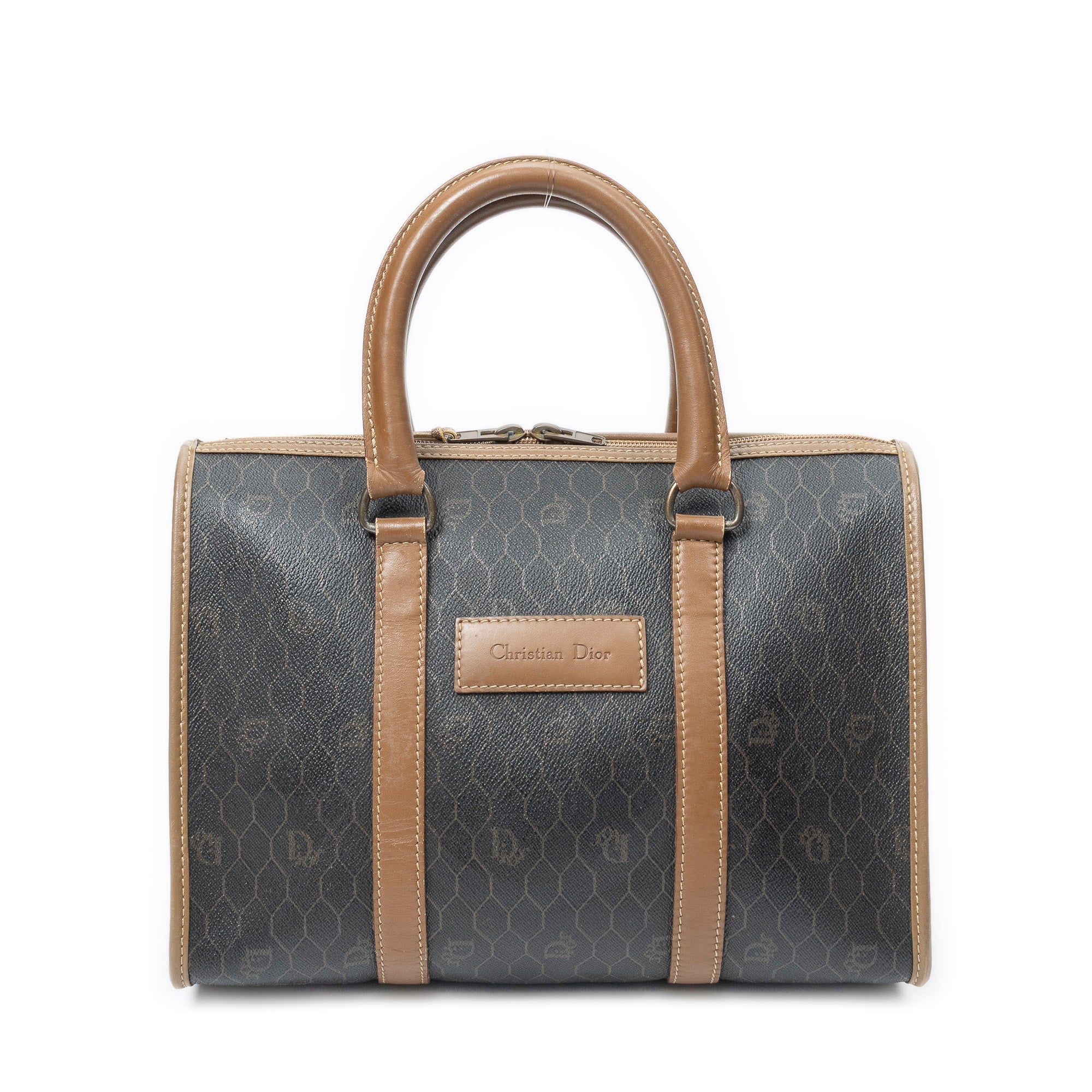 Handbag Vintage Boston Brown Honeycomb Coated Canvas