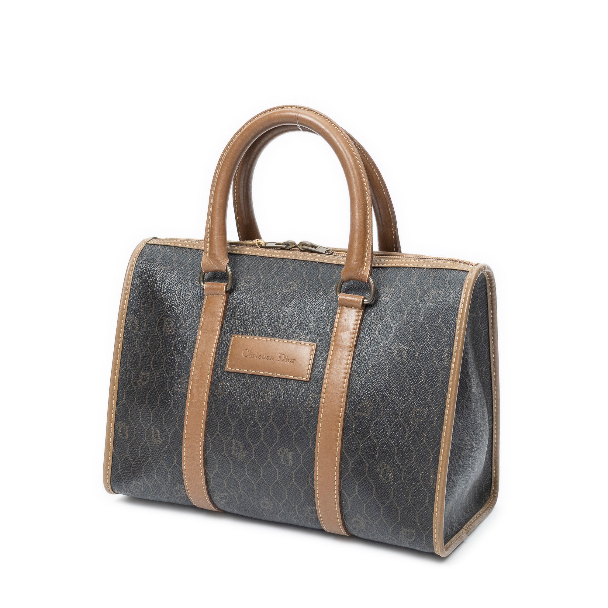 Handbag Vintage Boston Brown Honeycomb Coated Canvas