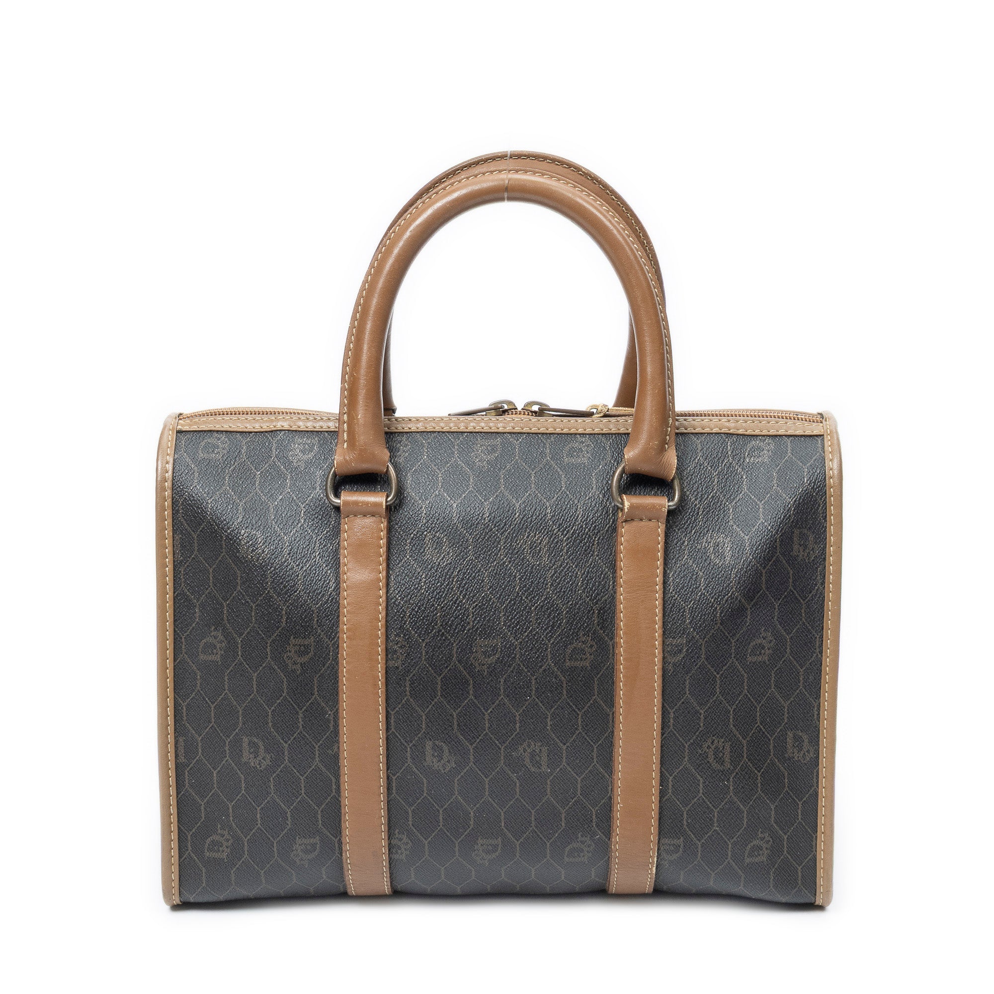 Handbag Vintage Boston Brown Honeycomb Coated Canvas