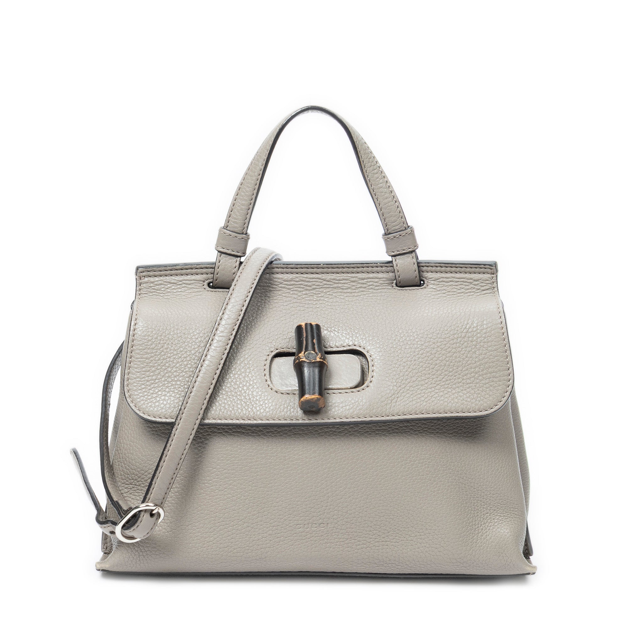 Shoulder Bag Small Bamboo Daily Top Handle Grey Grained Calfskin Leather