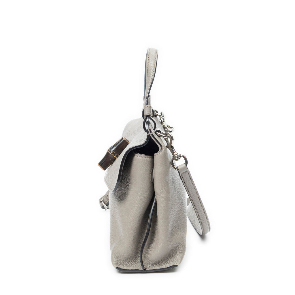 Shoulder Bag Small Bamboo Daily Top Handle Grey Grained Calfskin Leather