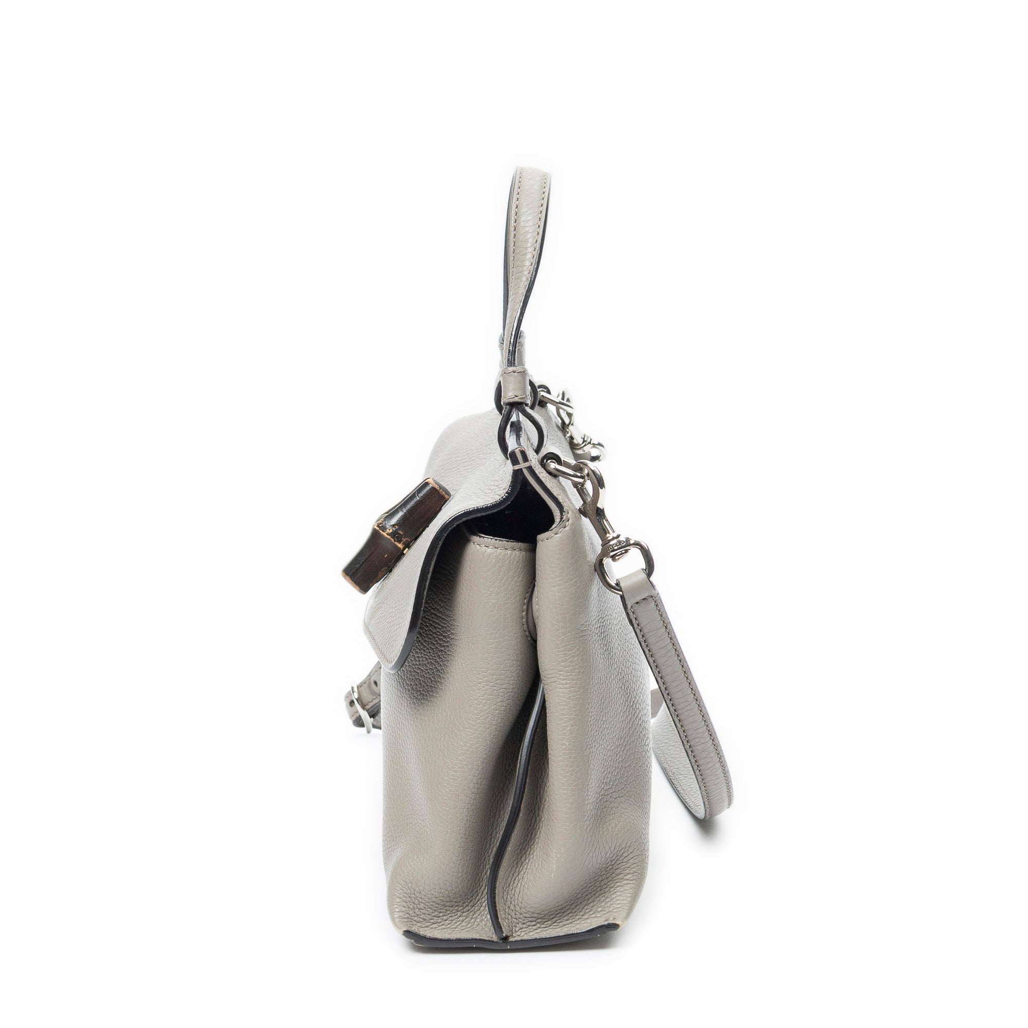 Shoulder Bag Small Bamboo Daily Top Handle Grey Grained Calfskin Leather
