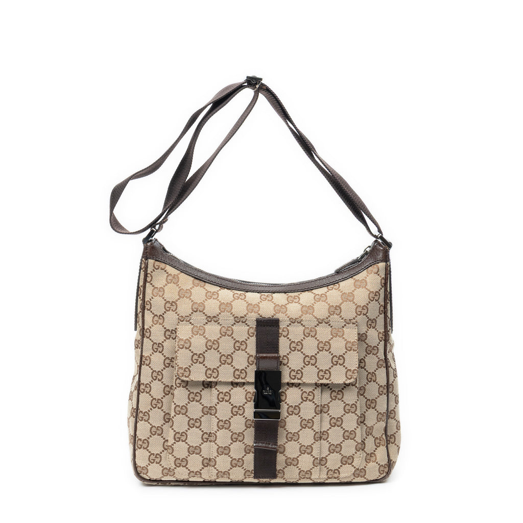 Shoulder Bag Front Buckle Messenger Beige Monogrammed Canvas