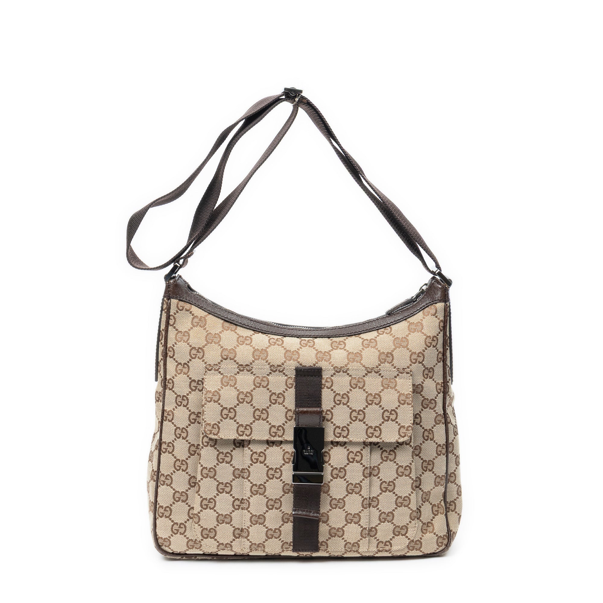 Shoulder Bag Front Buckle Messenger Beige Monogrammed Canvas