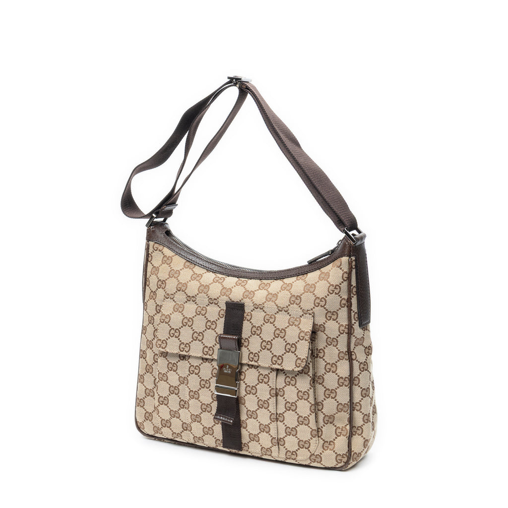 Shoulder Bag Front Buckle Messenger Beige Monogrammed Canvas