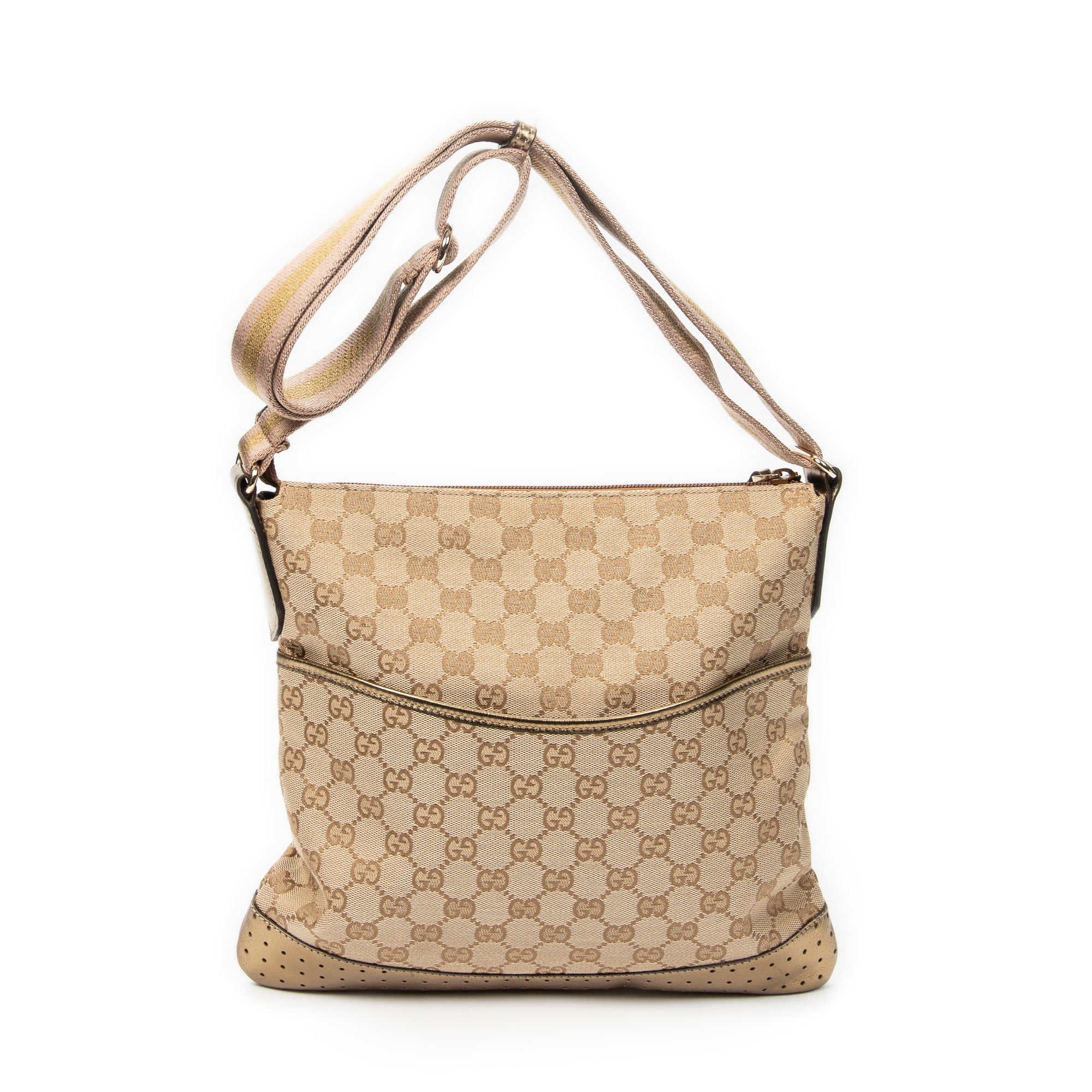 Bolso bandolera mediano de lona con monograma beige