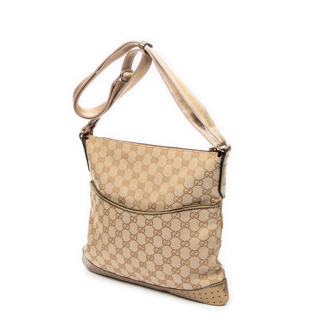 Bolso bandolera mediano de lona con monograma beige