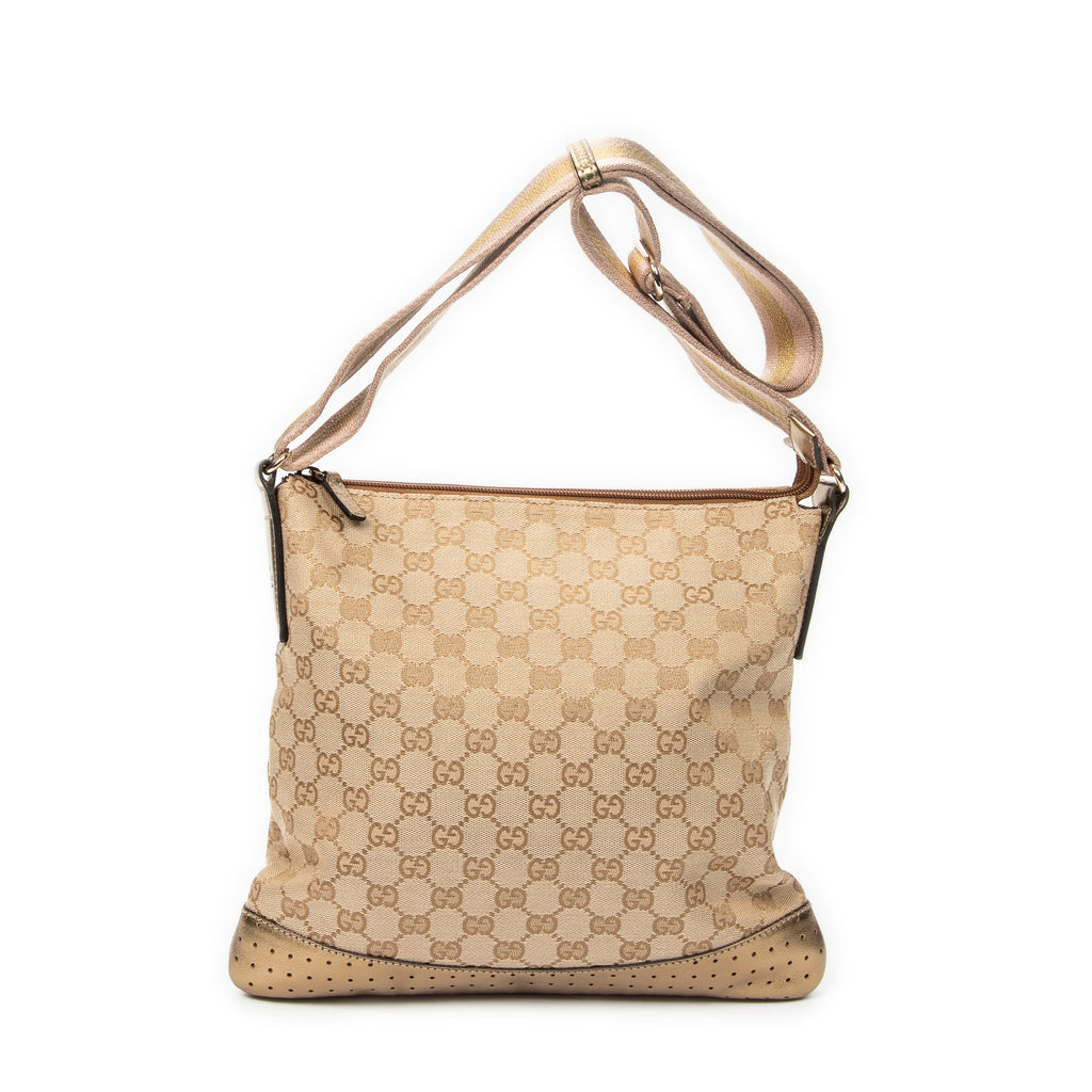 Bolso bandolera mediano de lona con monograma beige