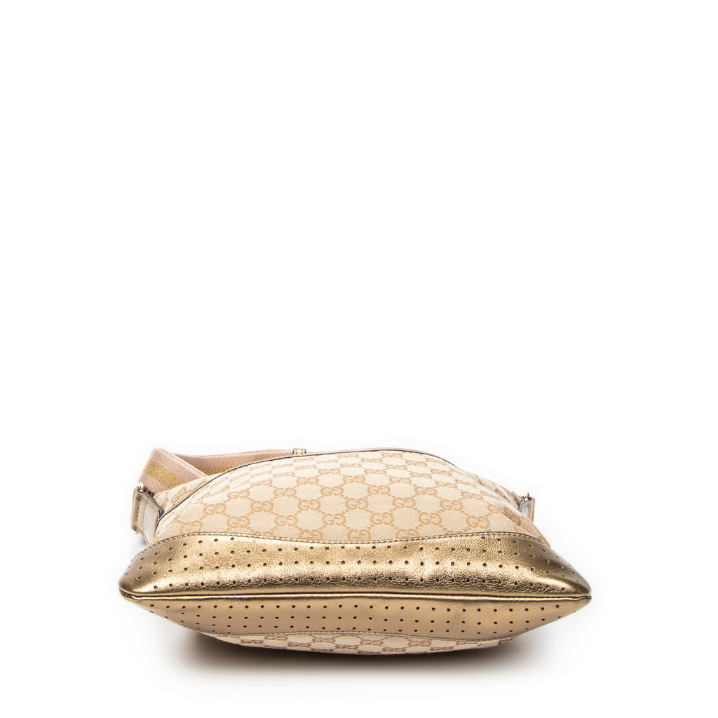 Bolso bandolera mediano de lona con monograma beige