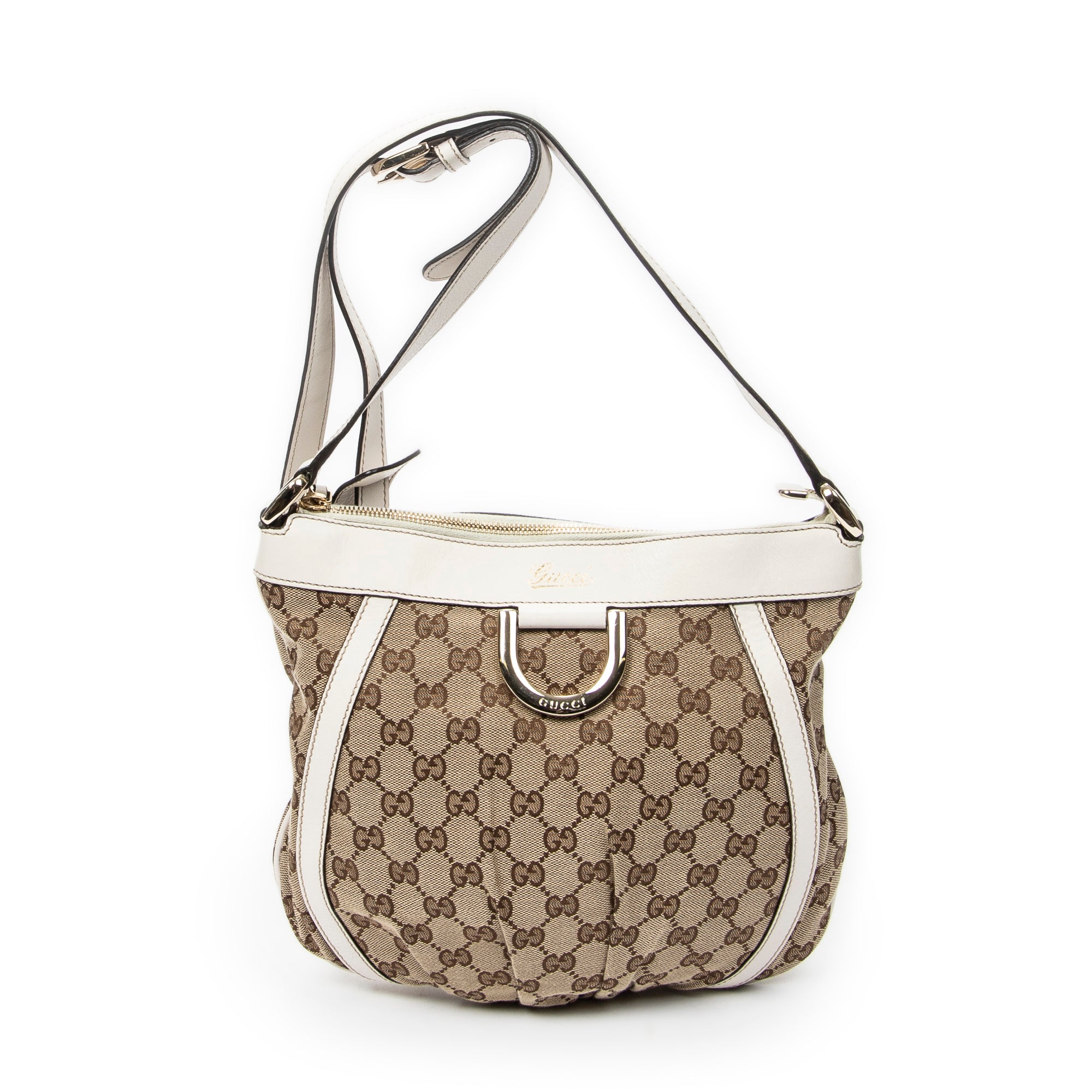 Bolso de hombro con anilla en D de lona con monograma beige