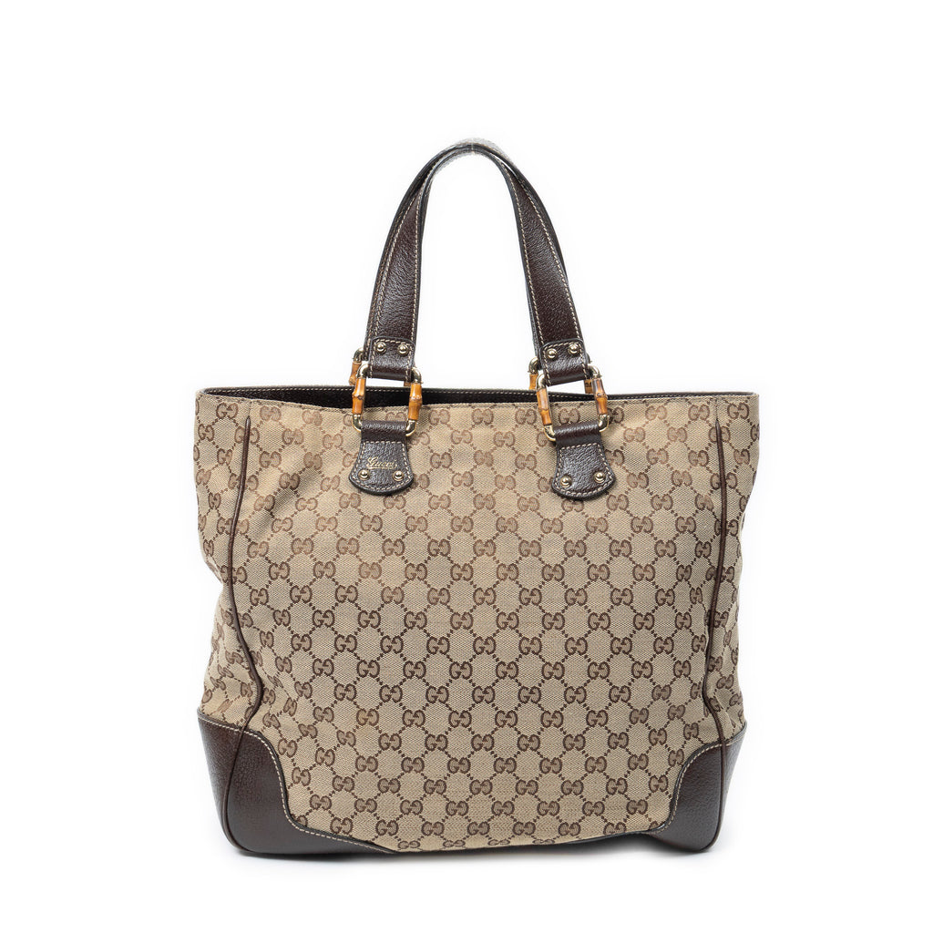 Shoulder Bag Bamboo Horsebit Tote Beige Monogrammed Canvas