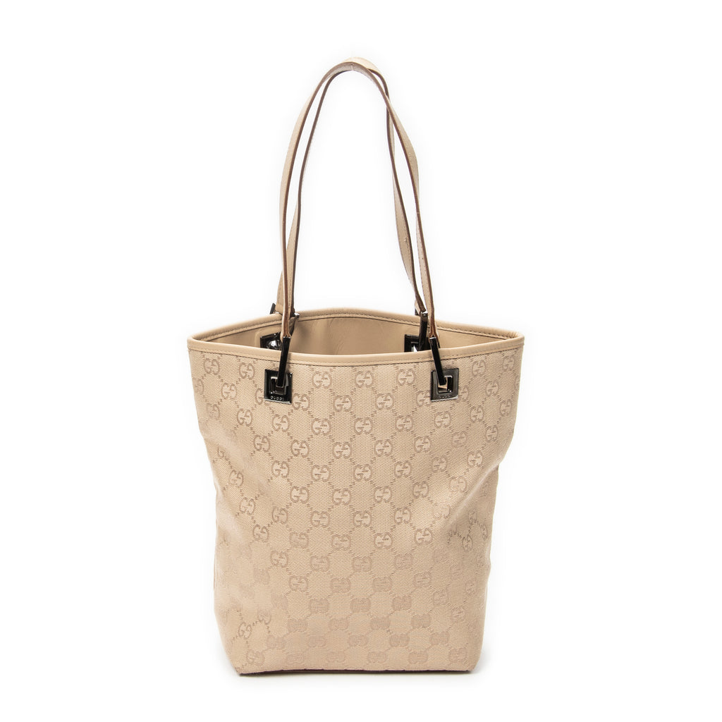 Shoulder Bag Bucket Tote Beige Monogrammed Canvas